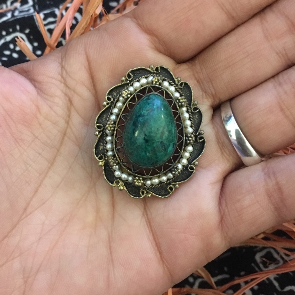 Antique brooch pearl turquoise stone